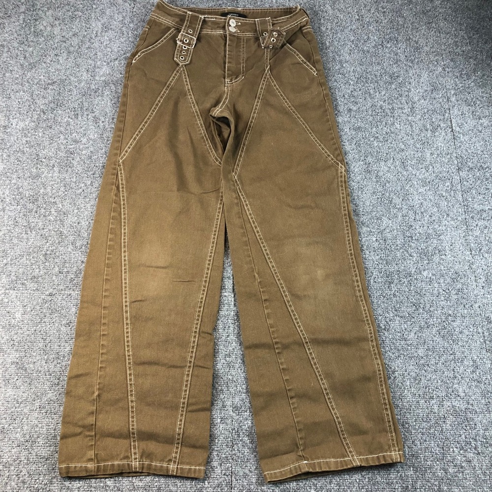 Forever 21 Wide Leg Pants Brown Contrast Stitching Buckle Detail XS Y2K‎ Skater